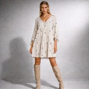 Alter’d State Ivory Floral Babydoll Dress Large Tiered 3/4 Sleeve Lined